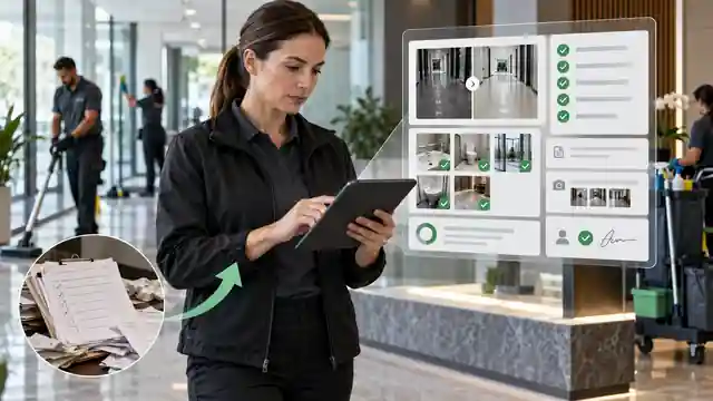 Cleaning supervisor using a tablet to document cleaning work, checklists and before-and-after photos in a digital job report